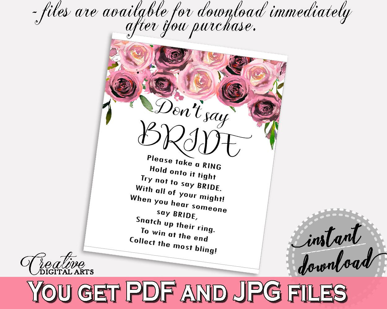 Don't Say Bride Bridal Shower Don't Say Bride Floral Bridal Shower Don't Say Bride Bridal Shower Floral Don't Say Bride Pink Purple - BQ24C - Digital Product