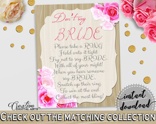 Roses On Wood Bridal Shower Don't Say Bride in Pink And Beige, ring game, flowers wood, customizable files, party theme, party ideas - B9MAI - Digital Product