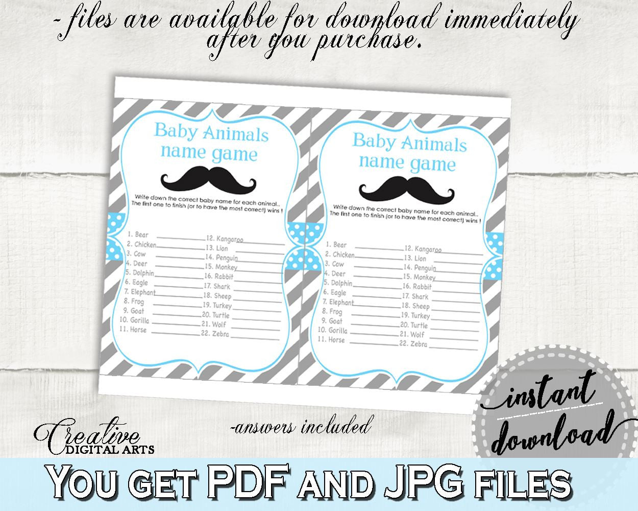 Blue Gray Baby Animal Names, Baby Shower Baby Animal Names, Mustache Baby Shower Baby Animal Names, Baby Shower Mustache Baby Animal 9P2QW - Digital Product