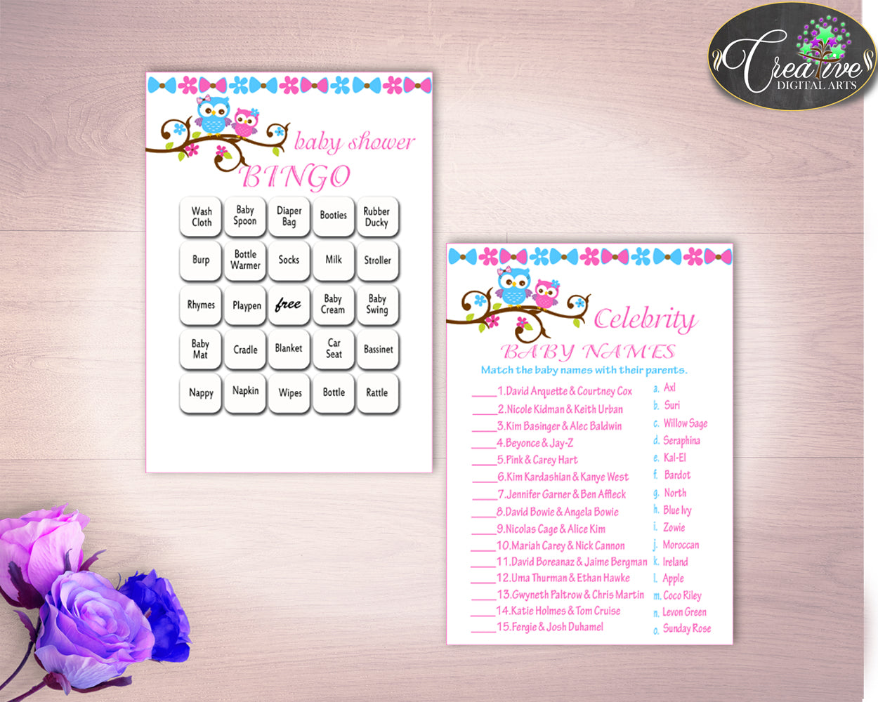 Games Baby Shower Games Owl Baby Shower Games Baby Shower Owl Games Pink Blue party planning pdf jpg party decorations prints owt01