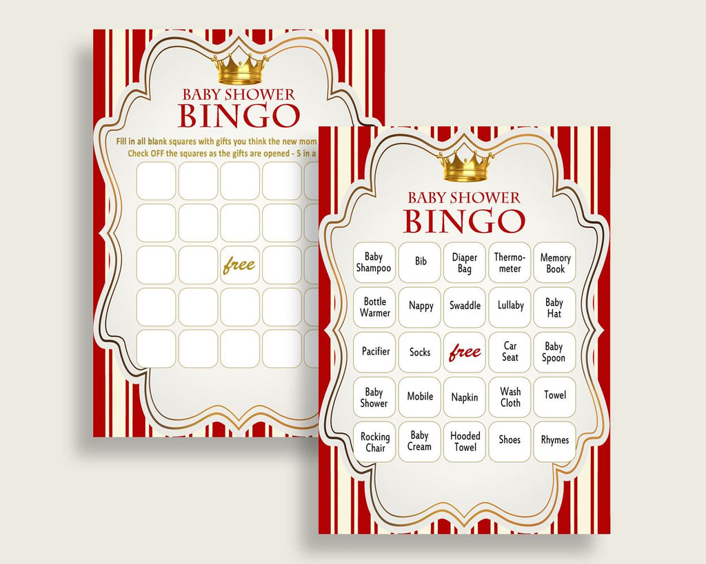 Prince Baby Shower Bingo Cards Printable, Red Gold Baby Shower Boy, 60 Prefilled Bingo Game Cards, Little Prince Most Popular Crown 92EDX