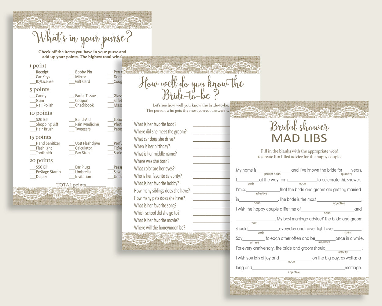 Games Bridal Shower Games Burlap And Lace Bridal Shower Games Bridal Shower Burlap And Lace Games Brown White party décor prints NR0BX