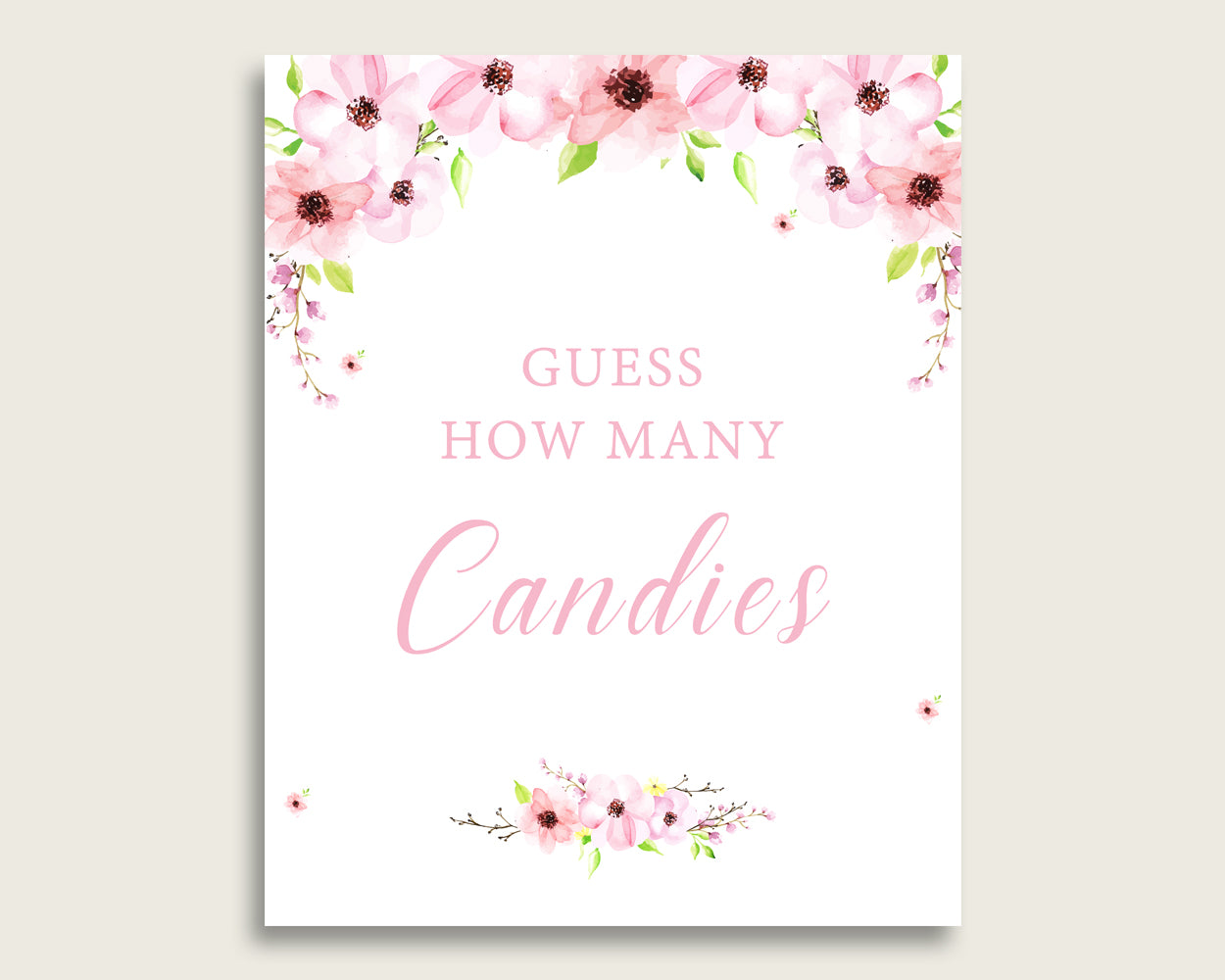 Pink Green Candy Guessing Game, Flower Blush Baby Shower Girl Sign And Cards, Guess How Many Candies, Candy Jar Game, Jelly Beans VH1KL