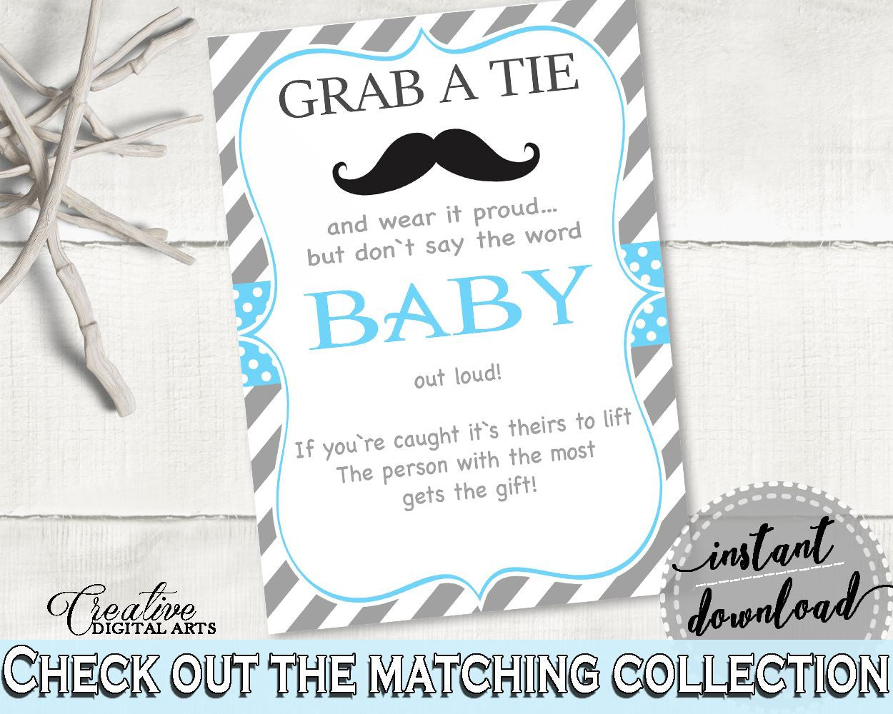 Blue Gray Grab A Tie, Baby Shower Grab A Tie, Mustache Baby Shower Grab A Tie, Baby Shower Mustache Grab A Tie bridal shower idea - 9P2QW - Digital Product