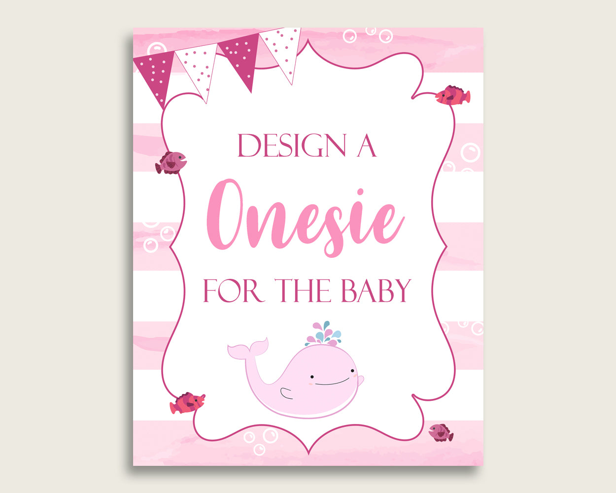 Pink White Please Sign The Onesie Sign and Design A Onesie Sign Printables, Pink Whale Girl Baby Shower Decor, Instant Download wbl02