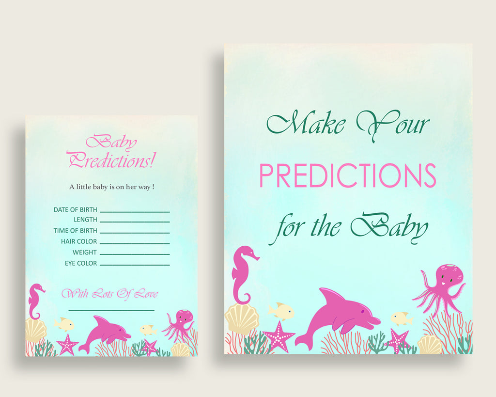 Under The Sea Baby Shower Prediction Cards & Sign Printable, Pink Green Baby Prediction Game Girl, Instant Download, Ocean Octopus uts01