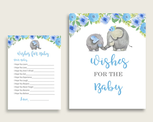 Blue Gray Wishes For Baby Cards & Sign, Elephant Blue Baby Shower Boy Well Wishes Game Printable, Instant Download, Dumbo Elephant ebl01