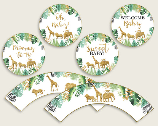 Jungle Cupcake Toppers, Gold Green Cupcake Wrappers, Toppers Wrappers Baby Shower Gender Neutral, Instant Download, Tropical Animals EJRED