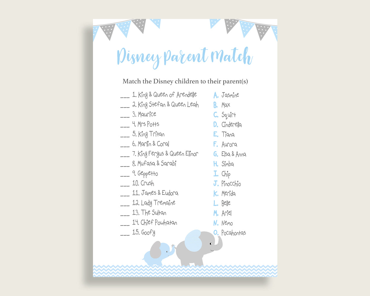 Elephant Disney Parent Match Game, Boy Baby Shower Game, Blue Grey Match The Disney Parents Printable, Instant Download, Most Popular, ebl02