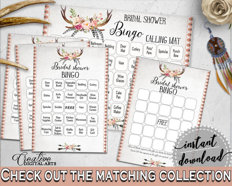 Bingo 60 Cards in Antlers Flowers Bohemian Bridal Shower Gray and Pink Theme, filled bingo, boho rustic shower, party plan, prints - MVR4R - Digital Product