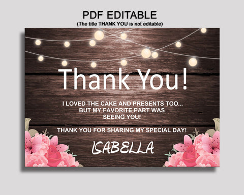 Birthday Rustic Thank You Rustic Self Editable Pink Brown Thank You Notes Rustic Party Thank You Girl OE0W8