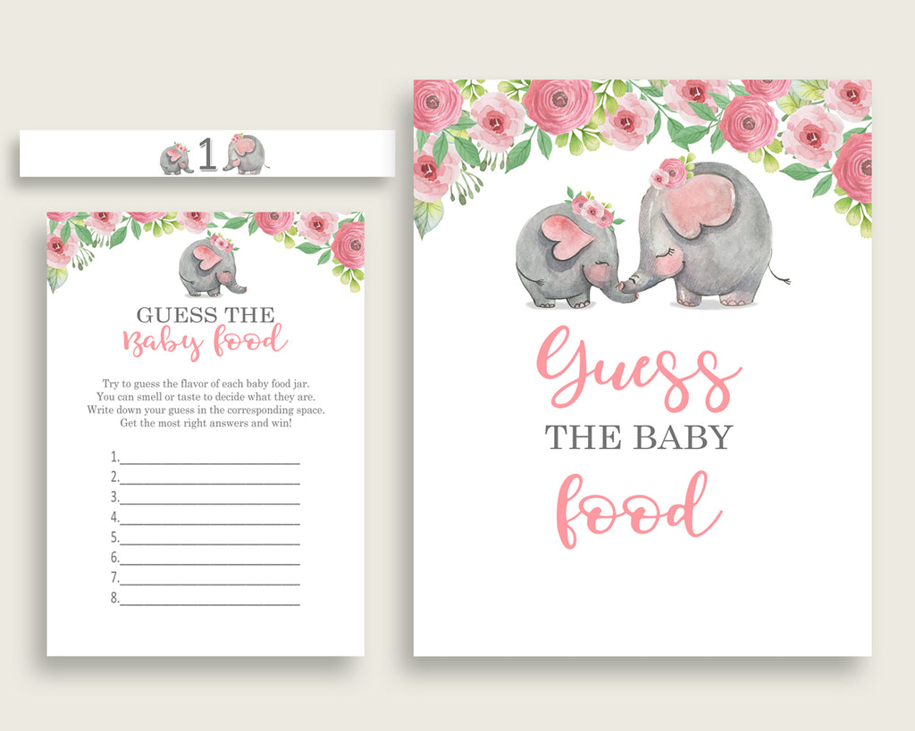 Pink Grey Pink Elephant Guess The Baby Food Game Printable, Girl Baby Shower Food Guessing Game Activity, Instant Download, ep001