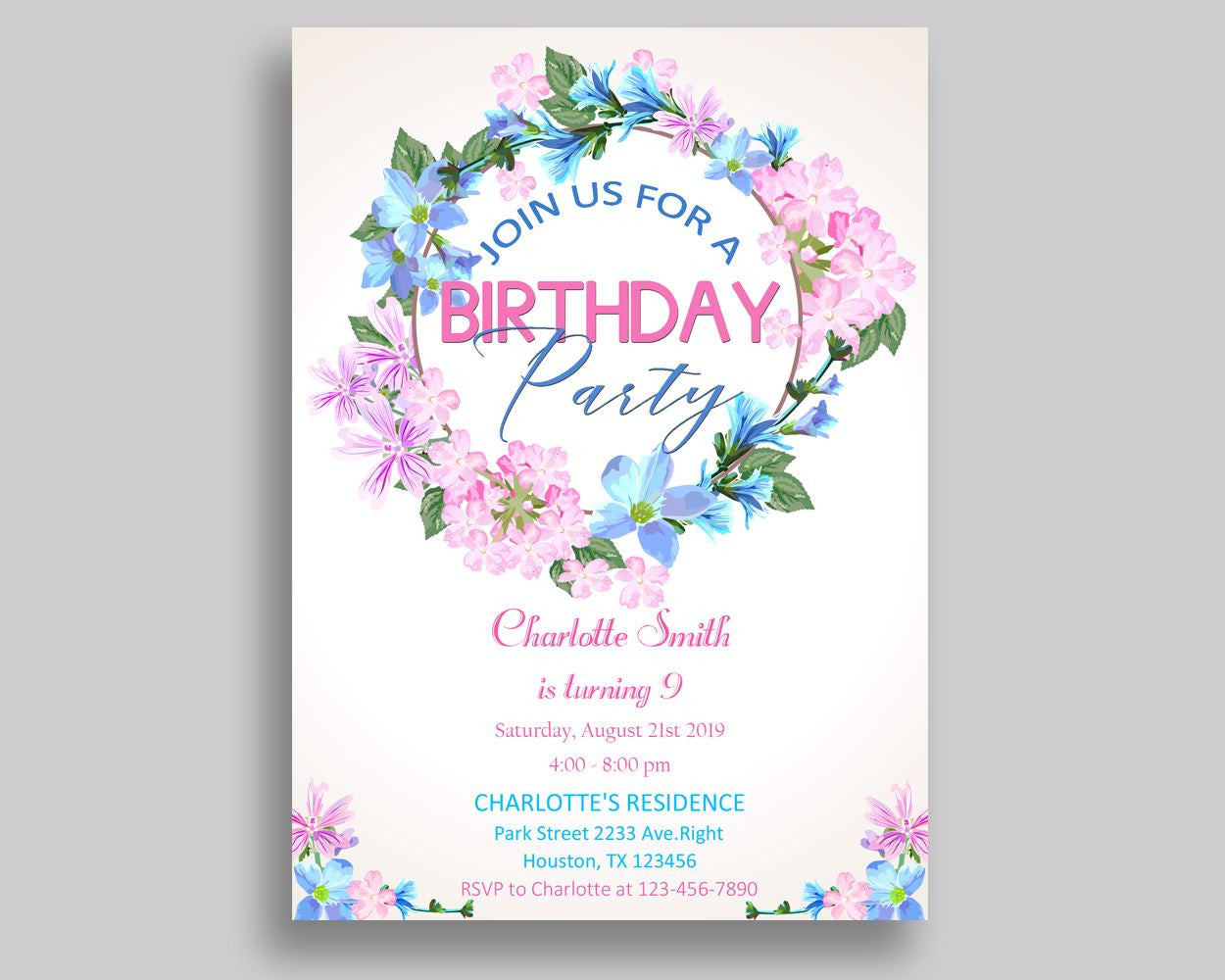 Floral Wreath Birthday Invitation Floral Wreath Birthday Party Invitation Floral Wreath Birthday Party Floral Wreath Invitation Girl 9MD18 - Digital Product