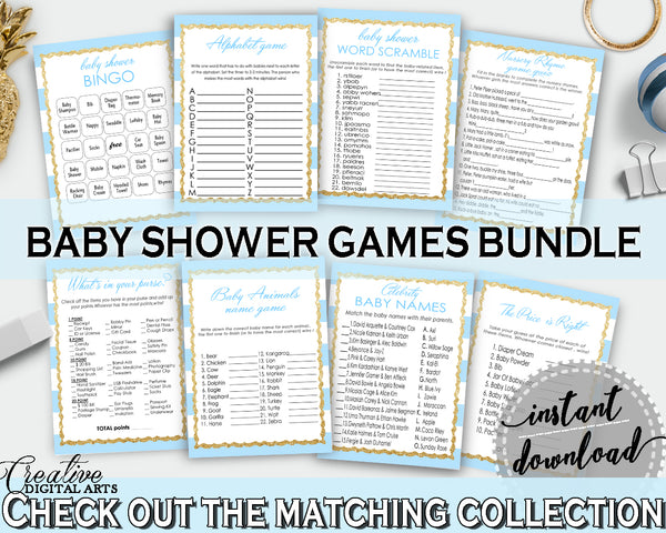 Baby Shower printable games package bundle, glitter gold title with bl ...