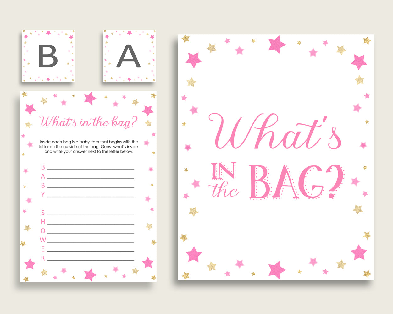 Twinkle Star Baby Shower What's In The Bag Game, Pink Gold Girl Bag Game Printable, Instant Download, Cute Stars Most Popular bsg01