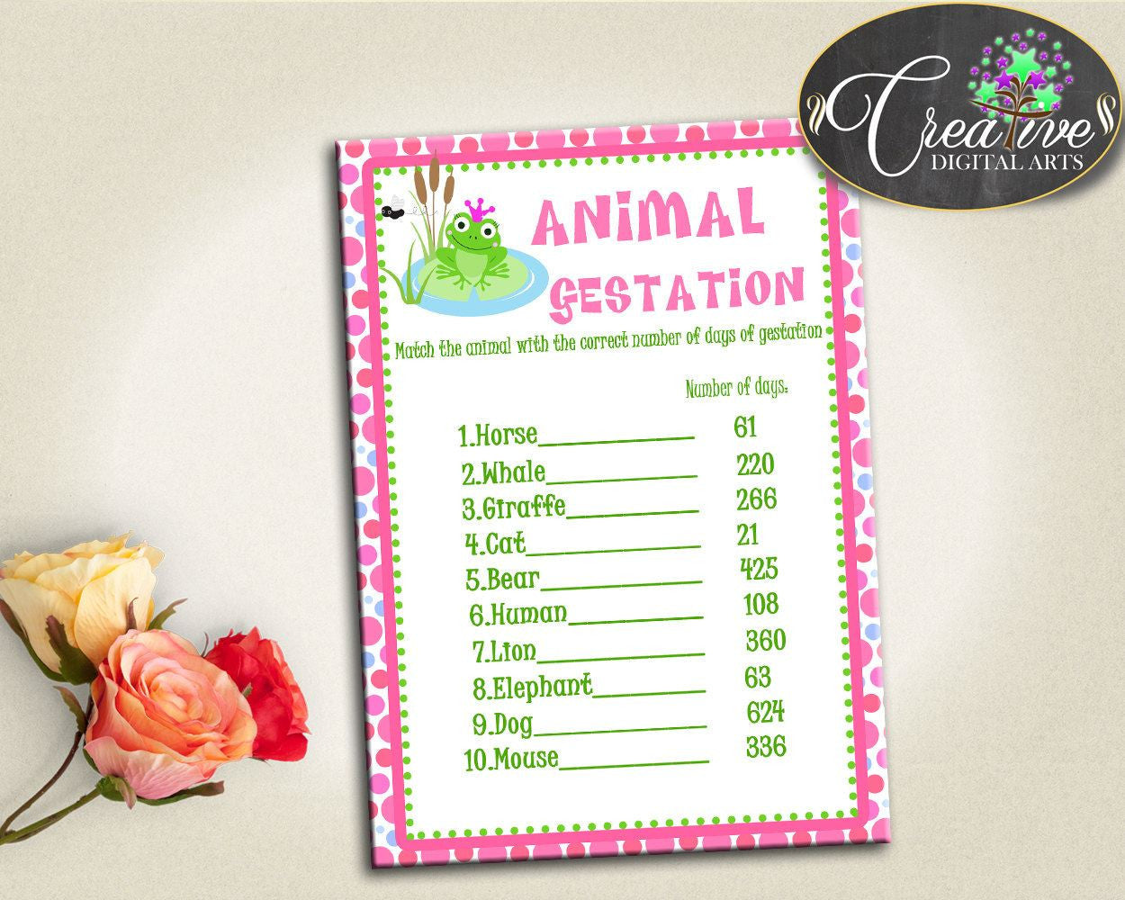 Frog Baby Shower ANIMAL GESTATION game, frog baby shower printable, pink green shower game, digital, pdf jpg, instant download - bsf01 - Digital Product