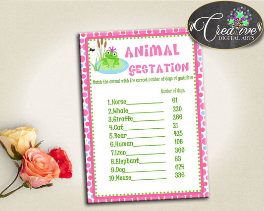 Frog Baby Shower ANIMAL GESTATION game, frog baby shower printable, pink green shower game, digital, pdf jpg, instant download - bsf01 - Digital Product