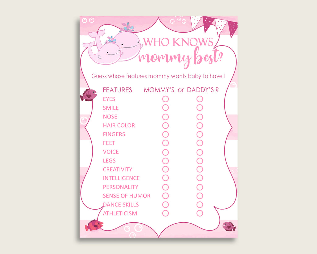 Pink White Who Knows Mommy Best Game, Guess The Features, Pink Whale Baby Shower Girl, How Well Do You Know Parents To Be, Instant wbl02