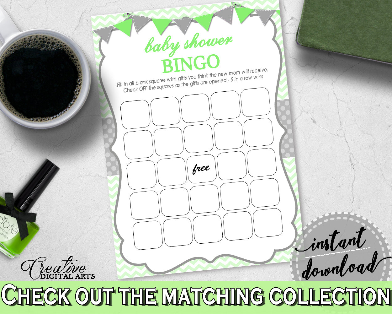 Baby Shower boy girl printable BINGO GIFT cards game with chevron green theme, Jpg Pdf, instant download - cgr01