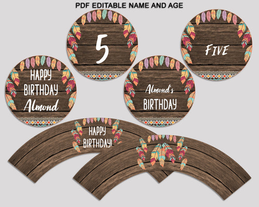 Wild One Birthday Cupcake Toppers, Feathers Birthday Cupcake Wrappers, Editable Brown Green Toppers Wrappers Boy Girl, Digital LQES5