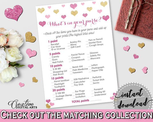 What's In Your Purse Game in Glitter Hearts Bridal Shower Gold And Pink Theme, purse items,  bridal shower love, party theme, prints - WEE0X - Digital Product