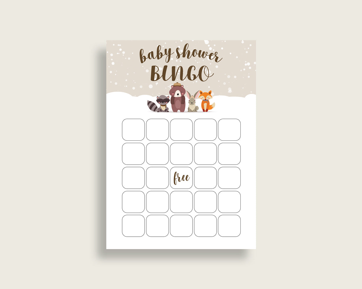 Winter Woodland Baby Shower Bingo Cards Printable, Beige Brown Baby Shower Gender Neutral, 60 Prefilled Bingo Game Cards, Animals Snow RM4SN