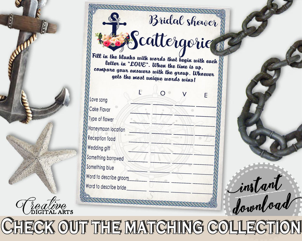 Scattergories Game in Nautical Anchor Flowers Bridal Shower Navy Blue Theme, love scattergories, seafaring shower, party theme - 87BSZ - Digital Product