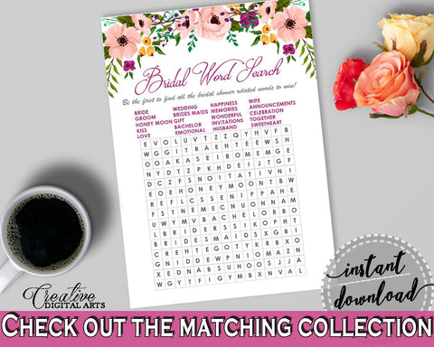 Word Search in Watercolor Flowers Bridal Shower White And Pink Theme, find related words, watercolor shower, printables, prints - 9GOY4 - Digital Product