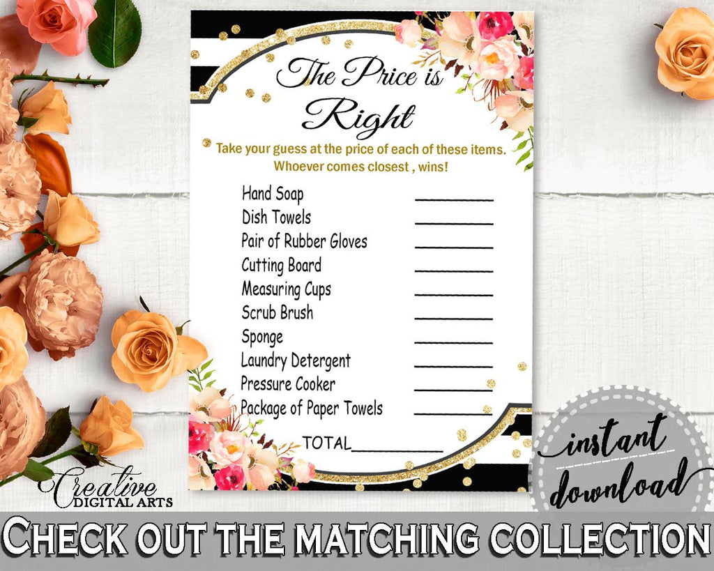 Black And Gold Flower Bouquet Black Stripes Bridal Shower Theme: The Price Is Right Game - couples shower game, party plan, prints - QMK20 - Digital Product