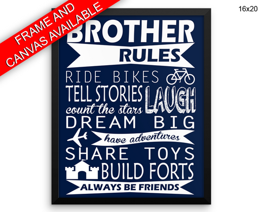 Brother Rules Print, Beautiful Wall Art with Frame and Canvas options available Kids Decor