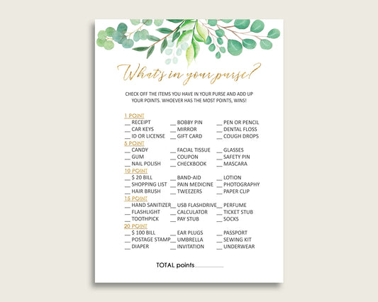 Greenery What's In Your Purse Game Printable, Green Gold Whats In Your Purse, Gender Neutral Baby Shower Purse Game, Instant Download, Y8X33