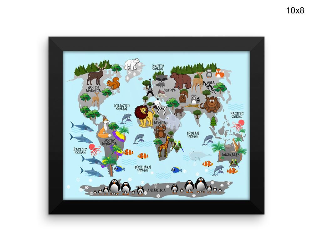 Animals World Map Print, Beautiful Wall Art with Frame and Canvas options available Nursery Decor