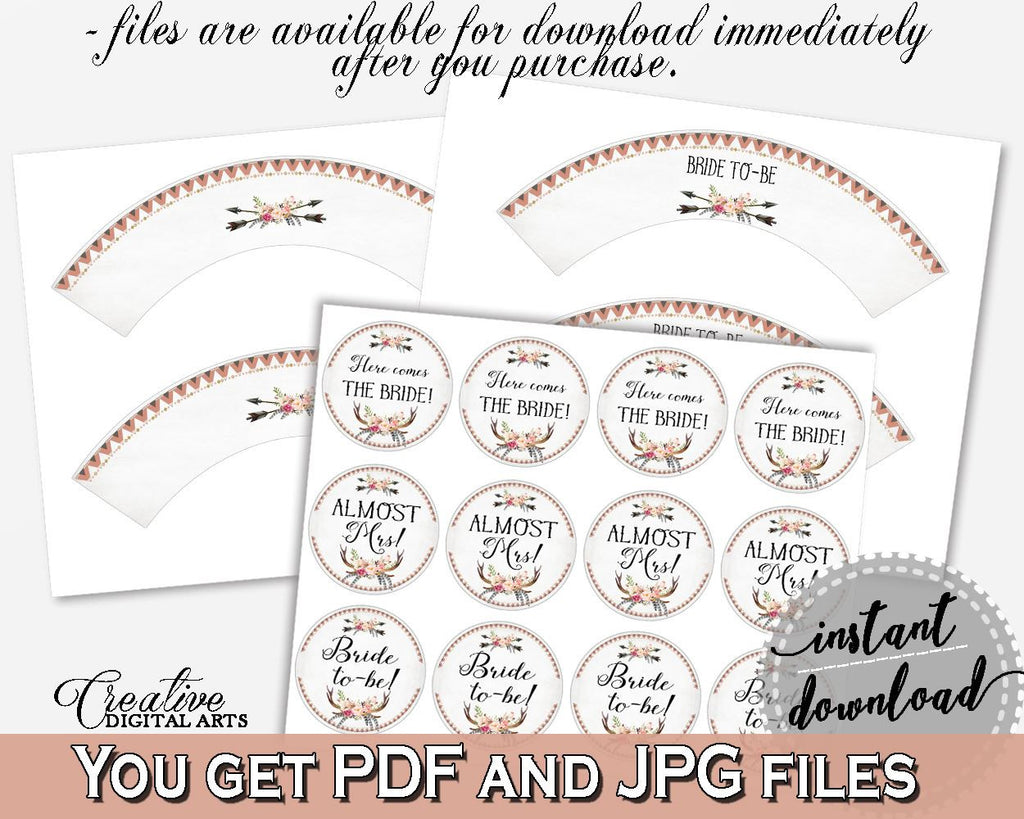 Cupcake Toppers And Wrappers in Antlers Flowers Bohemian Bridal Shower Gray and Pink Theme, almost mrs, party plan, party planning - MVR4R - Digital Product