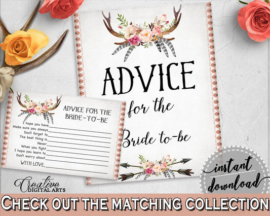 Advice For The Bride To Be in Antlers Flowers Bohemian Bridal Shower Gray and Pink Theme, instructions for bride, party ideas - MVR4R - Digital Product