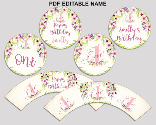 First Cupcake Toppers First Cupcake Wrappers Pink Green Birthday Toppers Girl KAF9O