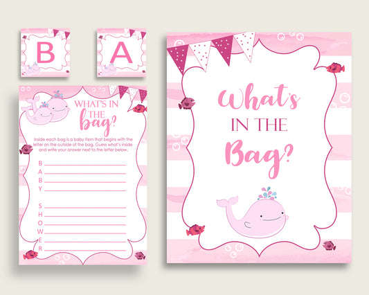 Pink Whale Baby Shower What's In The Bag Game, Pink White Girl Bag Game Printable, Instant Download, Popular Sea Animals Baby Whale wbl02