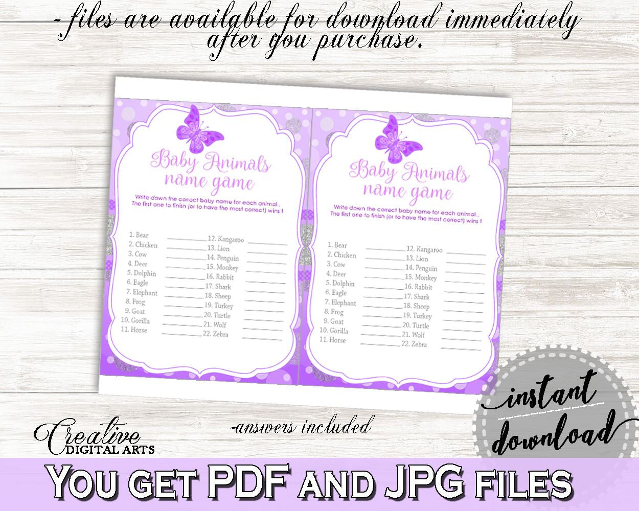 Baby Animal Names Baby Shower Baby Animal Names Butterfly Baby Shower Baby Animal Names Baby Shower Butterfly Baby Animal Names Purple 7AANK - Digital Product