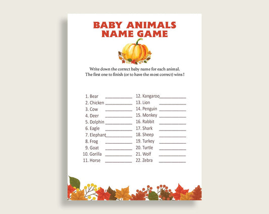 Baby Animal Names Baby Shower Baby Animal Names Fall Baby Shower Baby Animal Names Baby Shower Pumpkin Baby Animal Names Orange Brown BPK3D - Digital Product