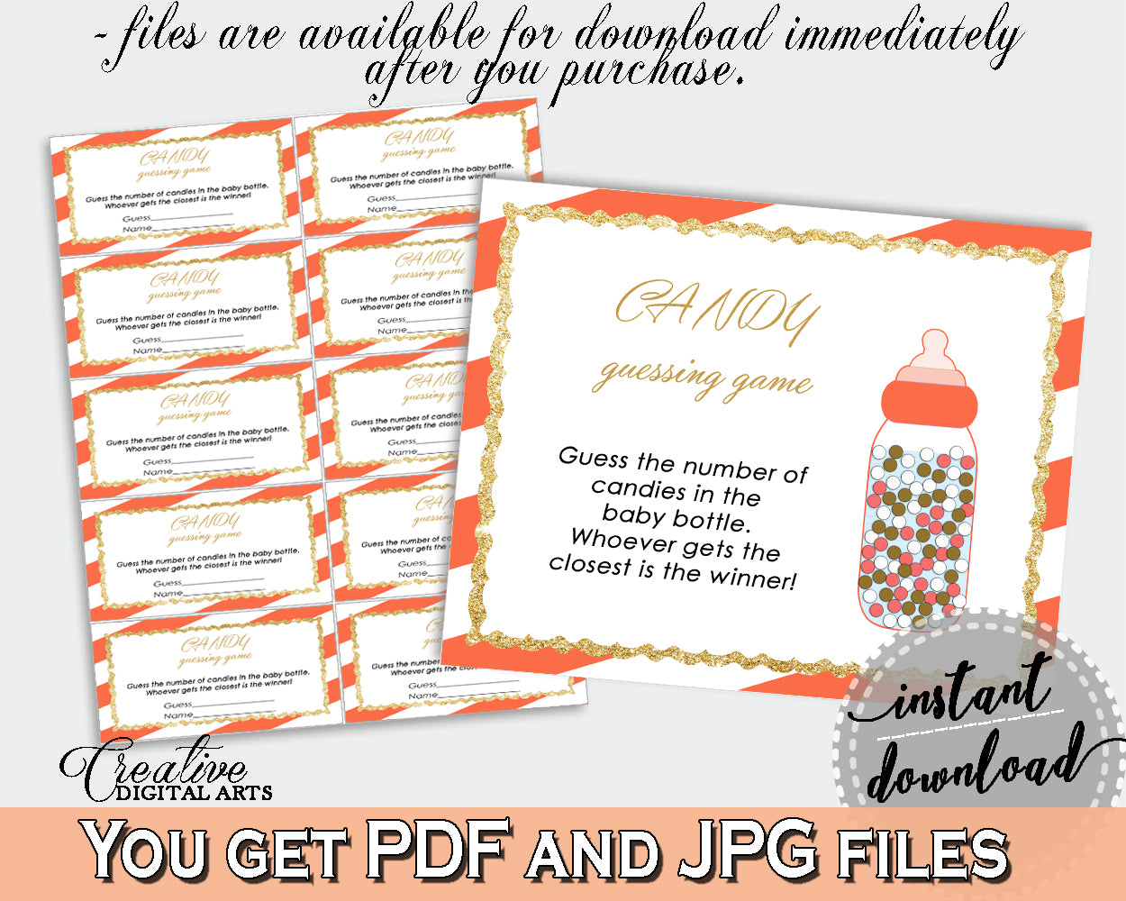 CANDY GUESSING GAME sign and tickets, glitter baby shower, orange stripe theme printable, gender neutral, Jpg Pdf, instant download - bs003