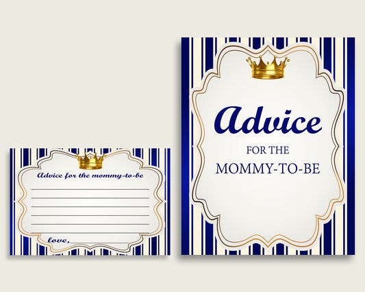 Royal Prince Advice For Mommy To Be Cards & Sign, Printable Baby Shower Blue Gold Advice For New Parents, Instant Download, Royal Blue rp001