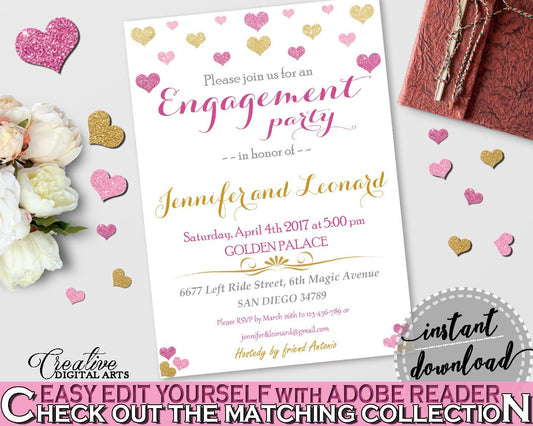 Glitter Hearts Bridal Shower Engagement Party Invitation Editable in Gold And Pink, engaged invitation,  pink gold glitter, pdf jpg - WEE0X - Digital Product