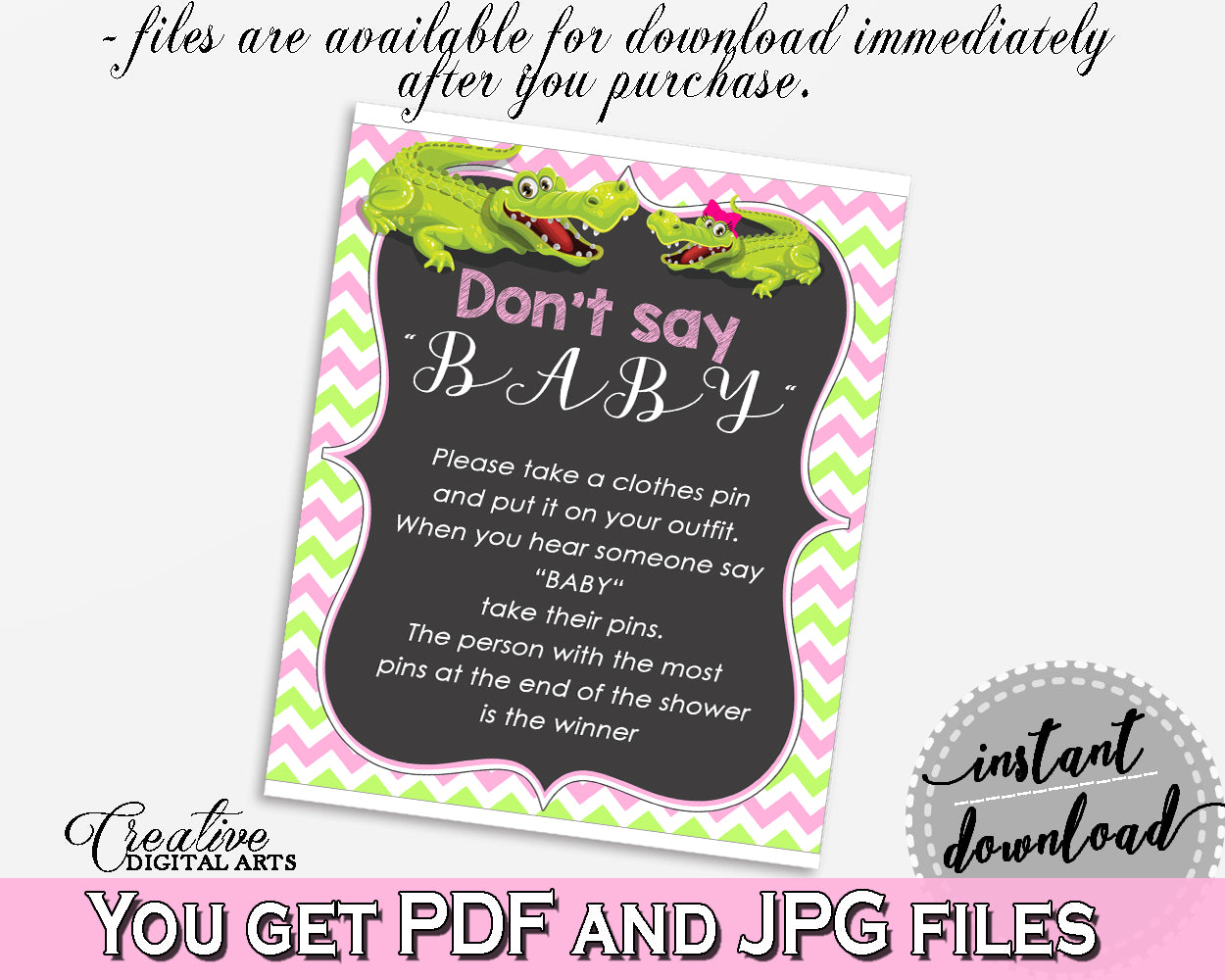 DON'T SAY BABY game for baby shower with green alligator and pink color theme, instant download - ap001