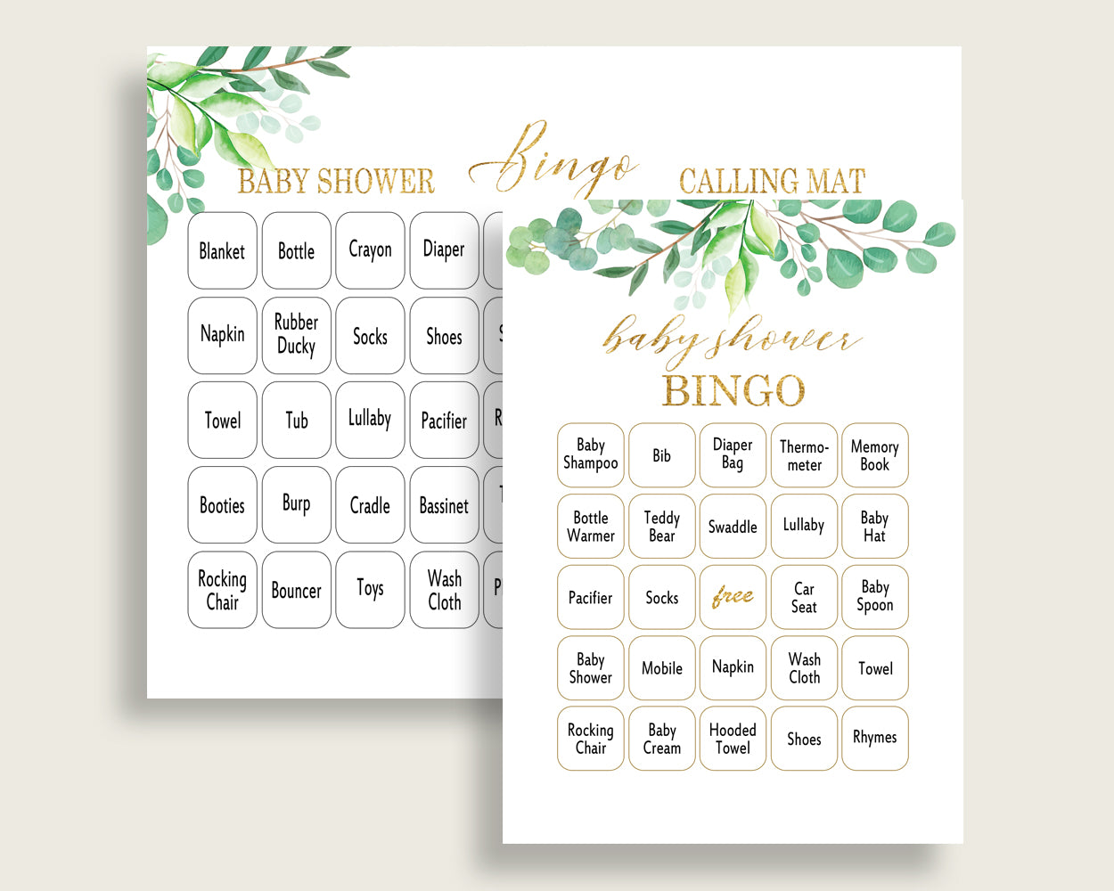 Greenery Baby Shower Bingo Cards Printable, Green Gold Baby Shower Gender Neutral, 60 Prefilled Bingo Game Cards, Spring Watercolor Y8X33