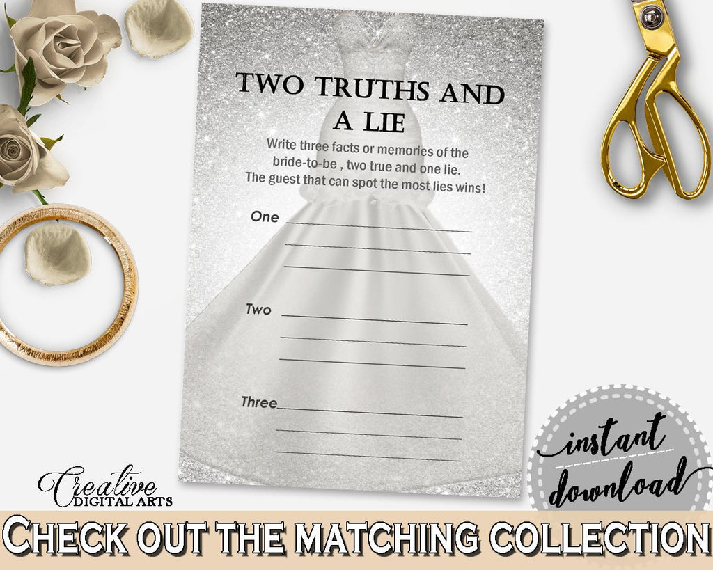 Silver Wedding Dress Bridal Shower Two Truths And A Lie Game in Silver And White, fidelity, wedding garment, party theme, prints - C0CS5 - Digital Product