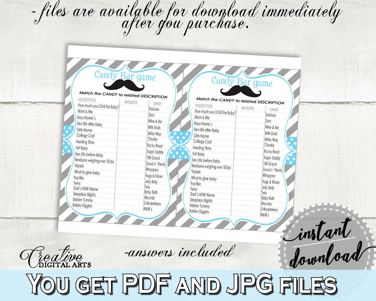 Candy Bar Game, Baby Shower Candy Bar Game, Mustache Baby Shower Candy Bar Game, Baby Shower Mustache Candy Bar Game Blue Gray 9P2QW - Digital Product