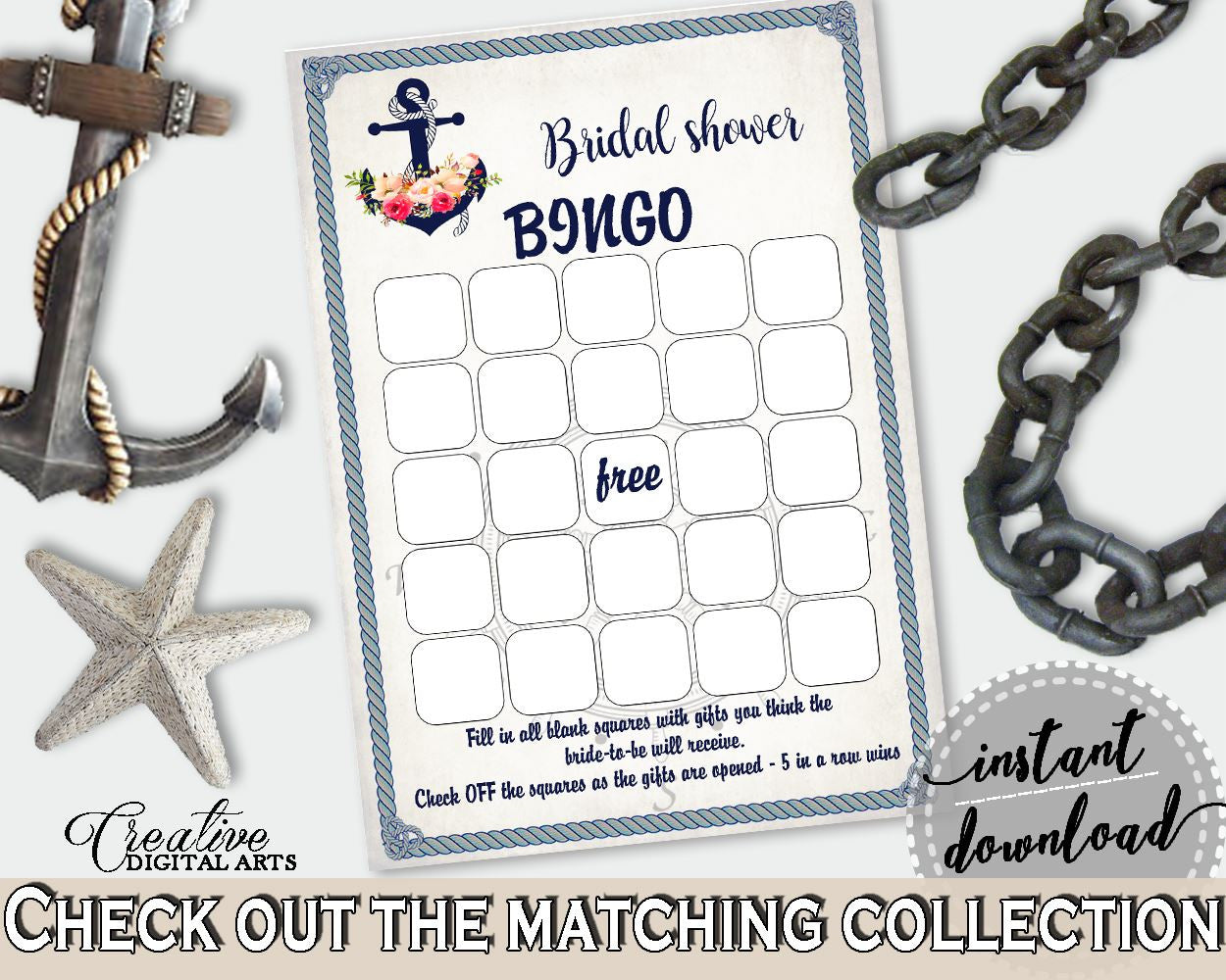 Nautical Anchor Flowers Bridal Shower Bingo Gift Game in Navy Blue, blank bingo card, sailboat helm wheel, party organizing, prints - 87BSZ - Digital Product