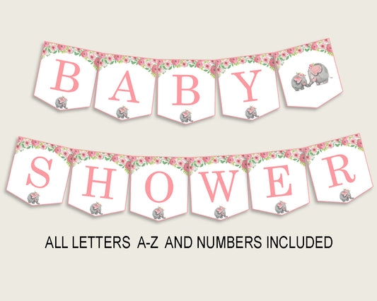 Pink Elephant Baby Shower Banner All Letters, Birthday Party Banner Printable A-Z, Pink Grey Banner Decoration Letters Girl, ep001