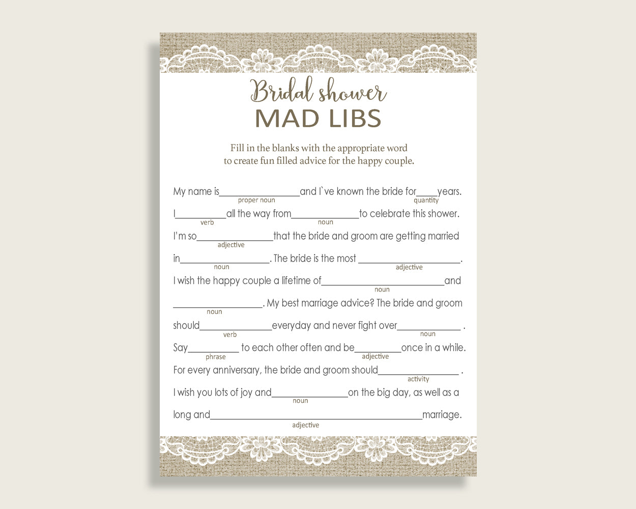 Mad Libs Bridal Shower Mad Libs Burlap And Lace Bridal Shower Mad Libs Bridal Shower Burlap And Lace Mad Libs Brown White party plan NR0BX