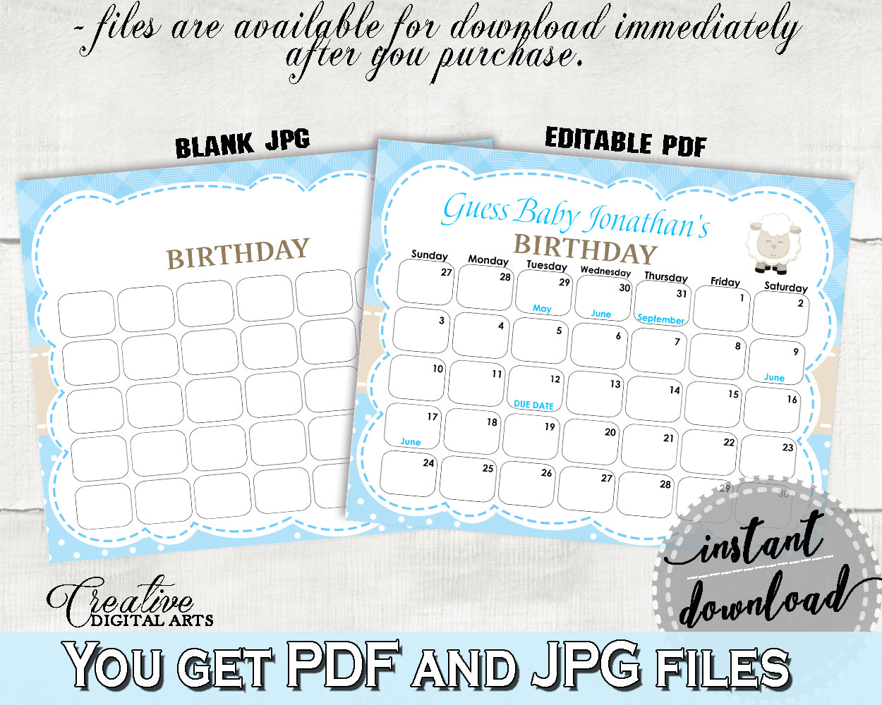 Little Lamb Baby Shower Boy GUESS BABY BIRTHDAY editable due date calendar baby shower printable, sheep due date, instant download - fa001