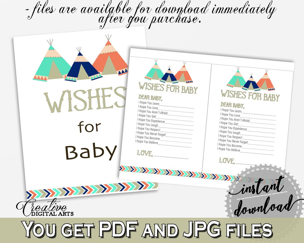 Wishes Baby Shower Wishes Tribal Teepee Baby Shower Wishes Baby Shower Tribal Teepee Wishes Green Navy party stuff - KS6AW - Digital Product